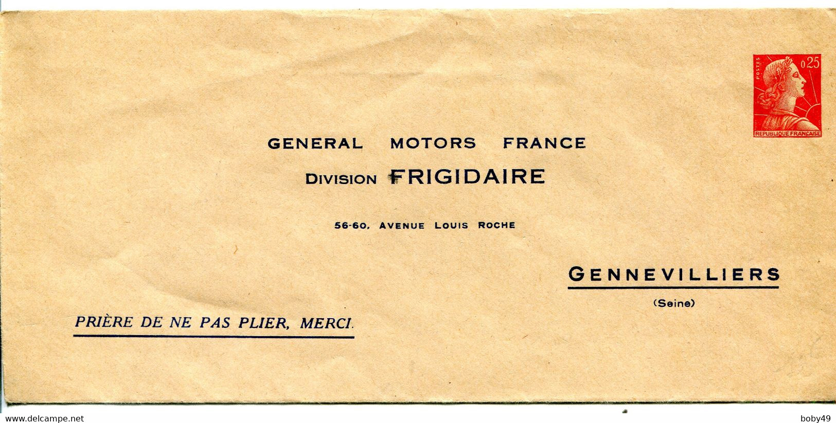 Env. Neuve Faciale à 0,25 F GENERAL MOTORS FRANCE DIVISION FRIGIDAIRE ACEP N°24 - Sobres Transplantados (antes 1995)