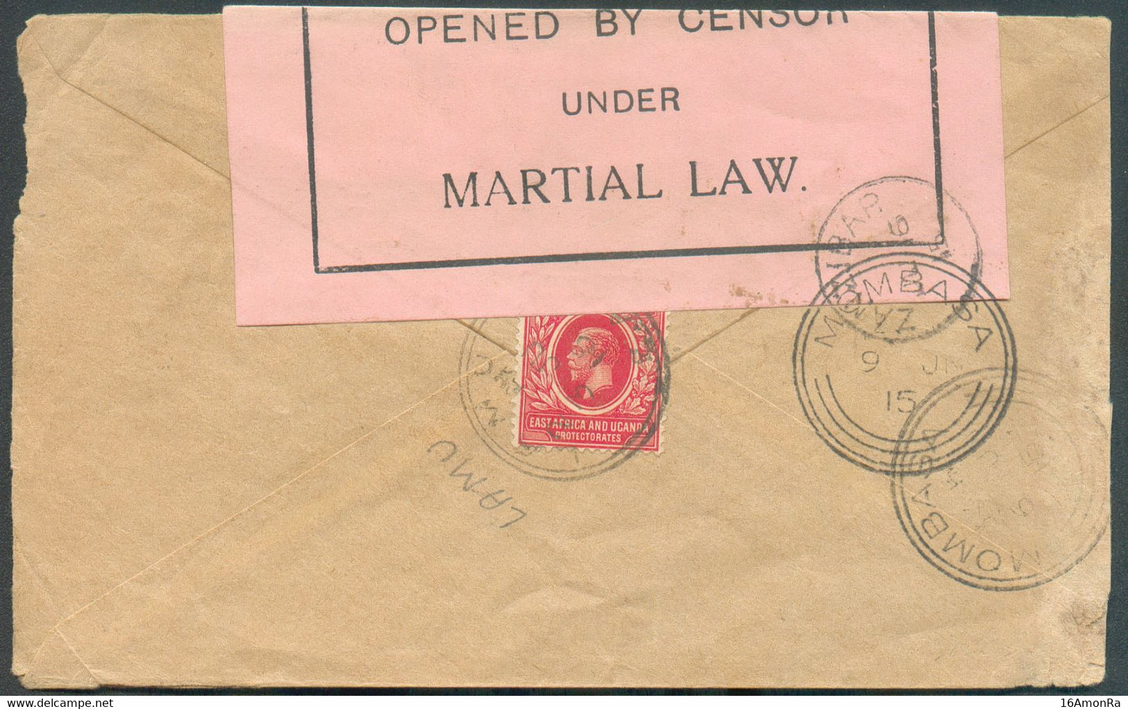 Tp E.A.und Uganda Canc. LAMU (KENYA) On Cover 3 JU. 1915 To ZANZIBAR B.E.A (arrival JU. 16) Via MOMBASSA (9 JU.) + Pink - East Africa & Uganda Protectorates