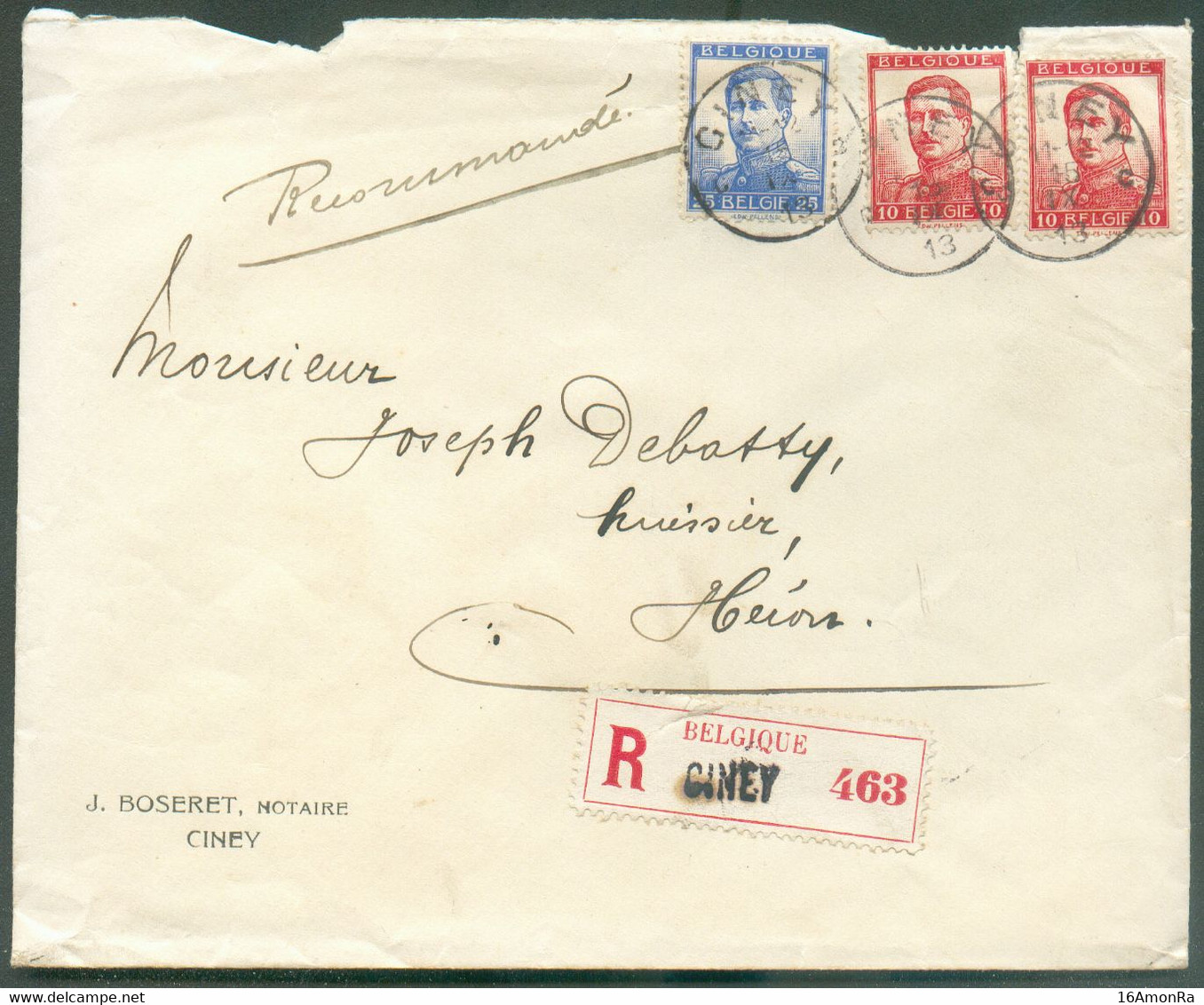 10 Centimes PELLENS  Obl. Sc De CINEY Sur Enveloppe Recommandée Du 15-IX-1913 Vers Héron  - TB - 19322 ​​​​​​​Exp. Notai - 1912 Pellens
