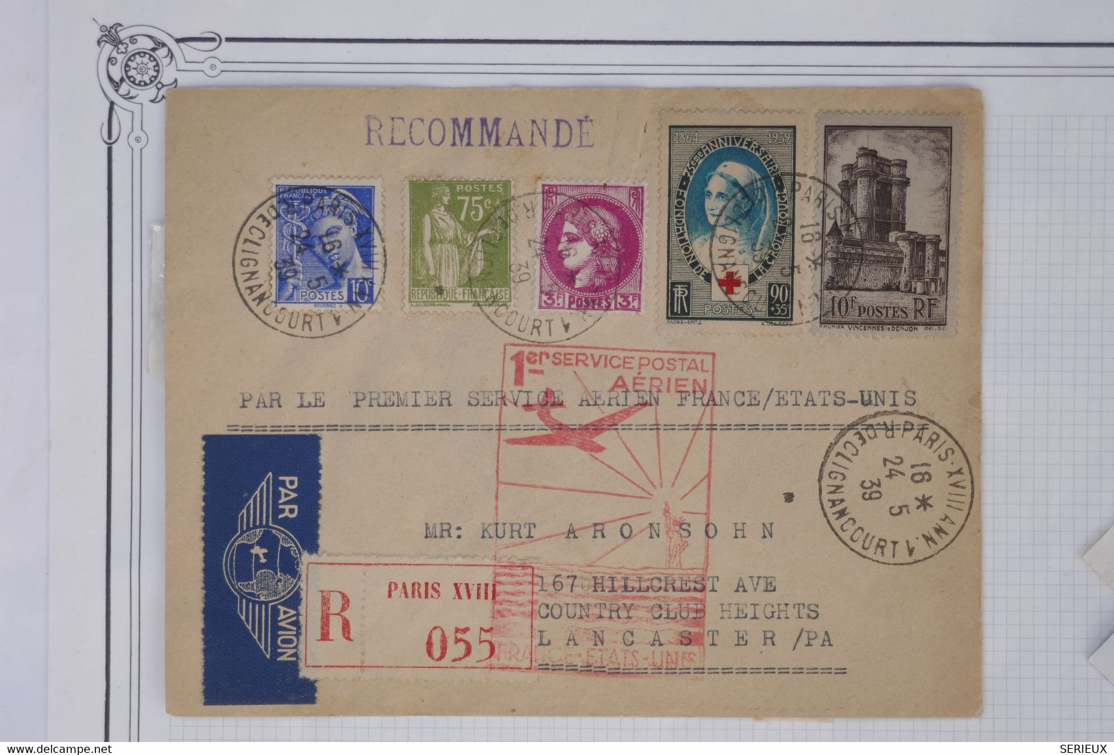 AV 2  BELLE LETTRE  RECOM.  1939  1ER VOL FRANCE ETATS UNIS    LYON  A   LANCASTER  +++AFFRANC. INTERESSANT - 1960-.... Covers & Documents