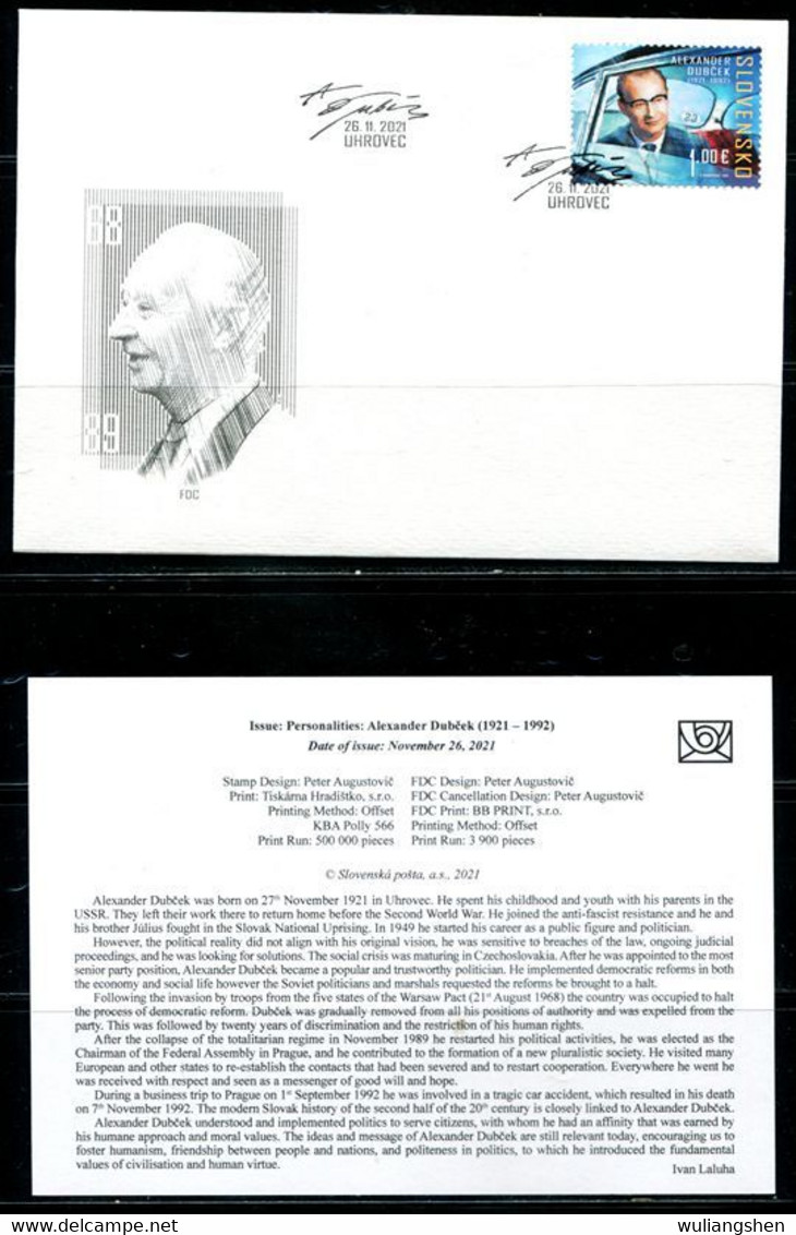 PB0879 Slovakia 2021 Czech Communist Party First Secretary Dubcek FDC MNH - Unused Stamps