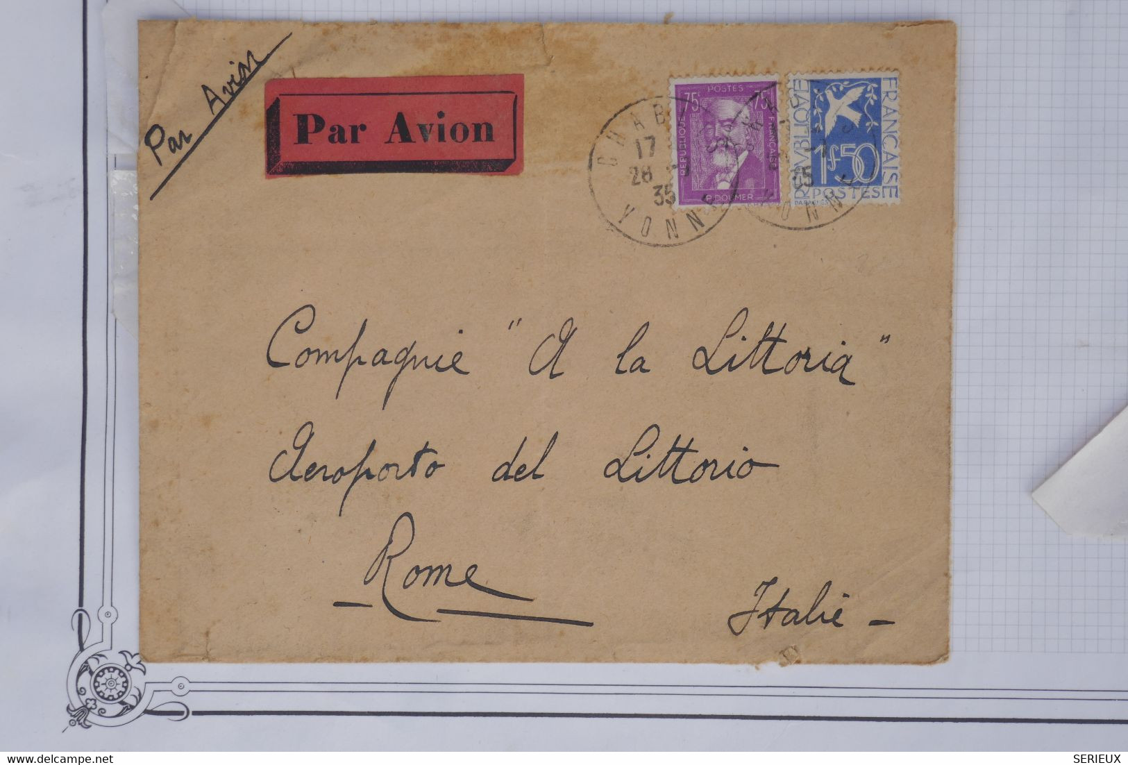 AV 2  FRANCE  BELLE LETTRE  1935  CHABLY POUR ROME ITALIE  ++AEROPHILATELIE +AFFRANC. PLAISANT - 1960-.... Briefe & Dokumente