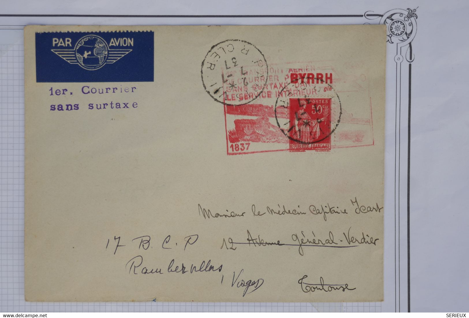 AV 2  FRANCE  BELLE LETTRE RR 1937 1ER VOL  POUR RAUBERVILLIERS  +PUB +AEROPHILATELIE +AFFRANC. PLAISANT - 1960-.... Briefe & Dokumente