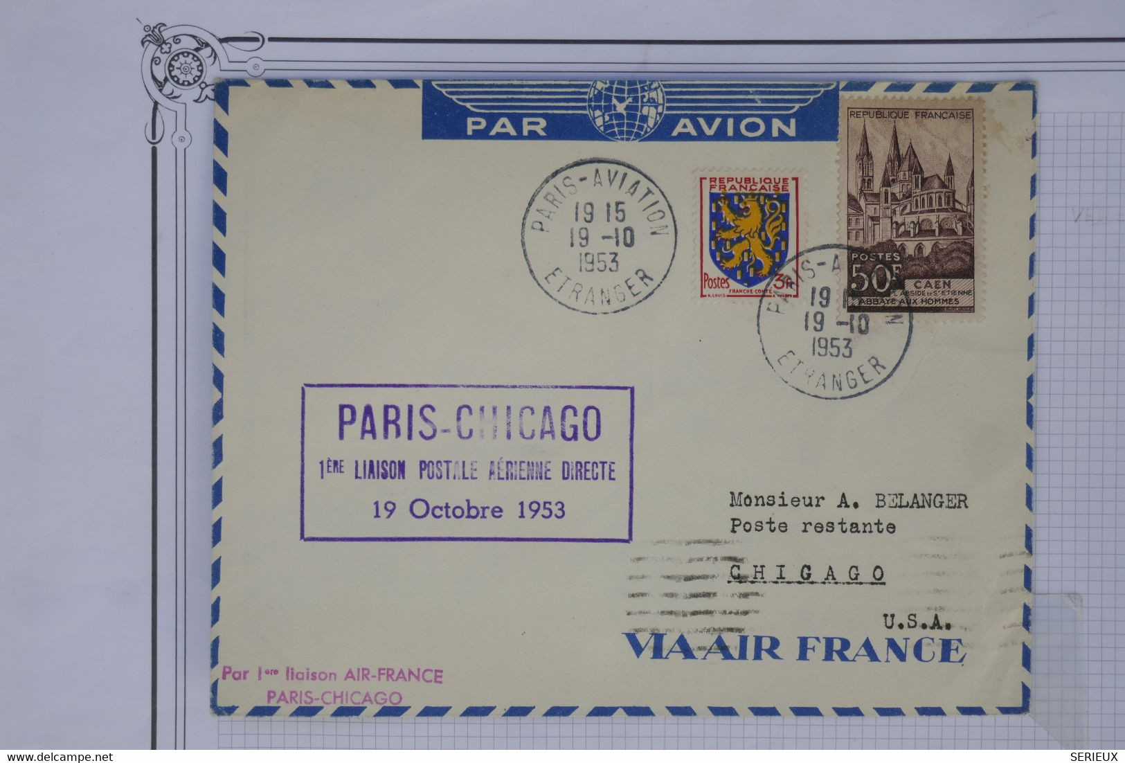 AV 2  FRANCE  BELLE CARTE   1953 PARIS CHICAGO USA  ++AEROPHILATELIE +AIR FRANCE +++AFFRANC. PLAISANT - 1960-.... Briefe & Dokumente