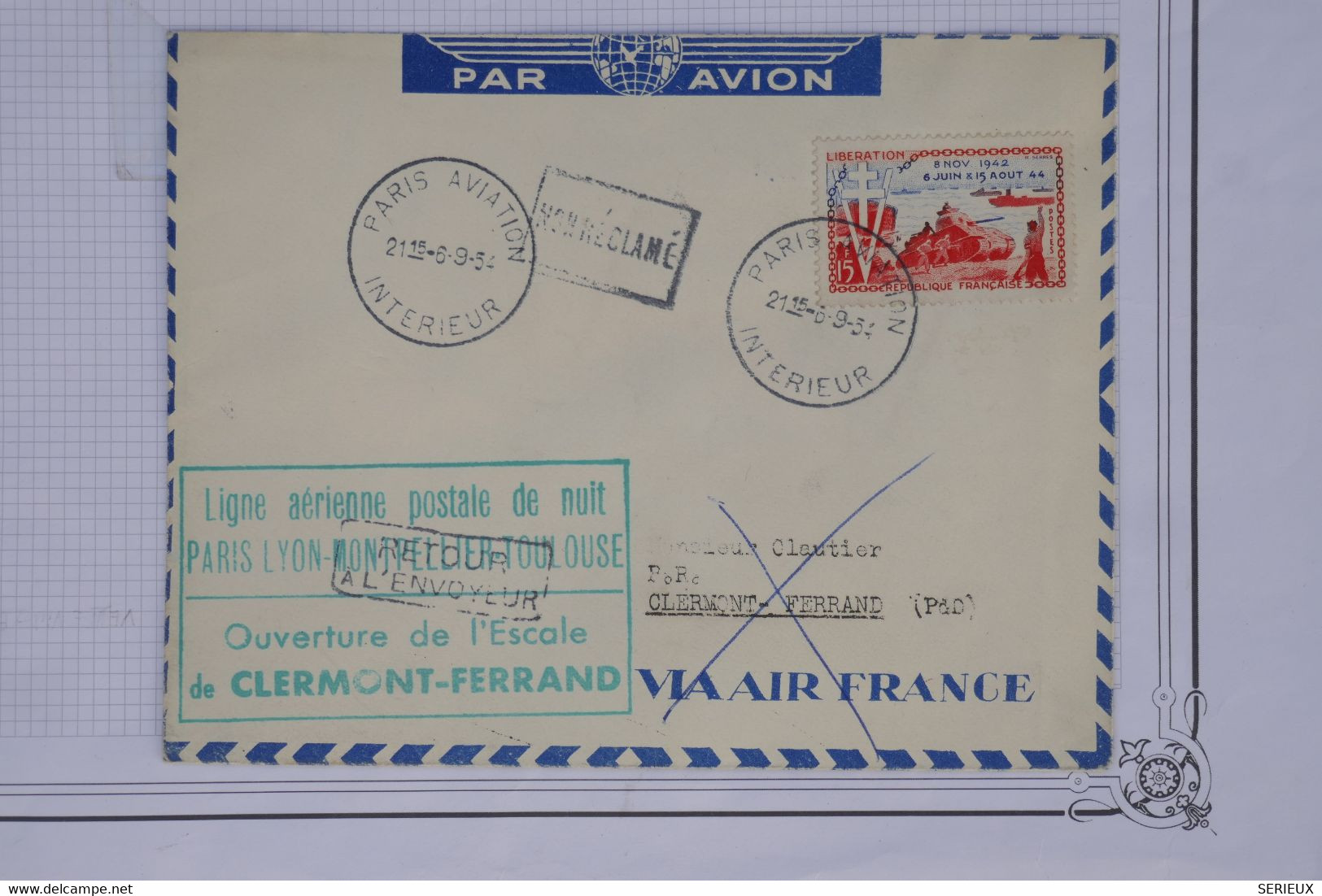 AV 2  FRANCE  BELLE CARTE   1954 1ER VOL DE NUIT PARIS CLERMONT   ++AEROPHILATELIE +AIR FRANCE +++AFFRANC. PLAISANT - 1960-.... Covers & Documents