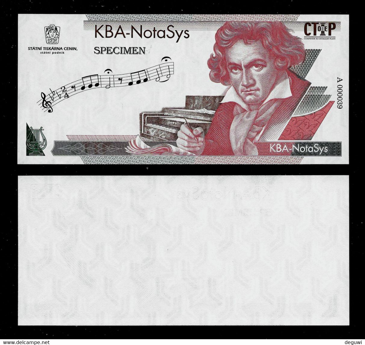 Testnote STC-KBA Beethoven, TYP A = Rot, UNC, 160 X 72 Mm, INTAGLIO, Statni Tiscarna Cenin, Test Note, RRRRR, Wz - Czech Republic