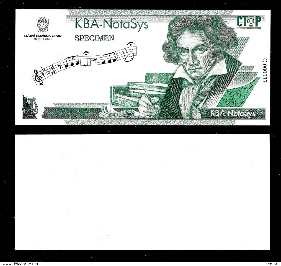 Testnote STC-KBA Beethoven, TYP C = Grün, UNC, 160 X 72 Mm, INTAGLIO, Statni Tiscarna Cenin, Test Note, RRRRR, Wz - Tsjechië