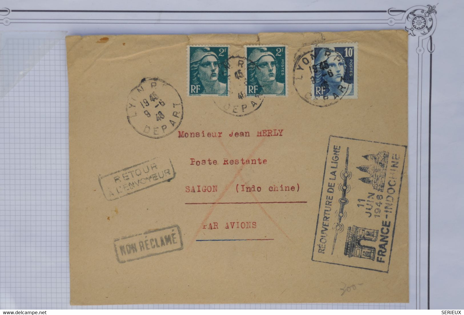 AV 2  FRANCE  BELLE  LETTRE  1946  REOUVERTURE FRANCE INDOCHINE POUR SAIGON +AEROPHILATELIE +++AFFRANC. PLAISANT - 1960-.... Lettres & Documents