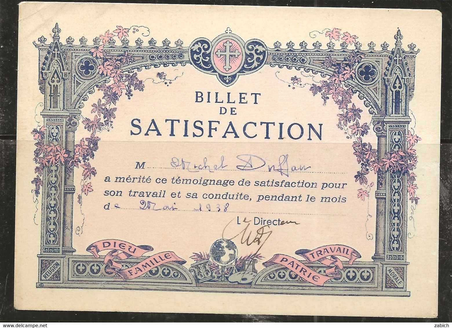 FRANCE BILLET DE SATISFACTION 2 MAI 1938 - Diploma & School Reports