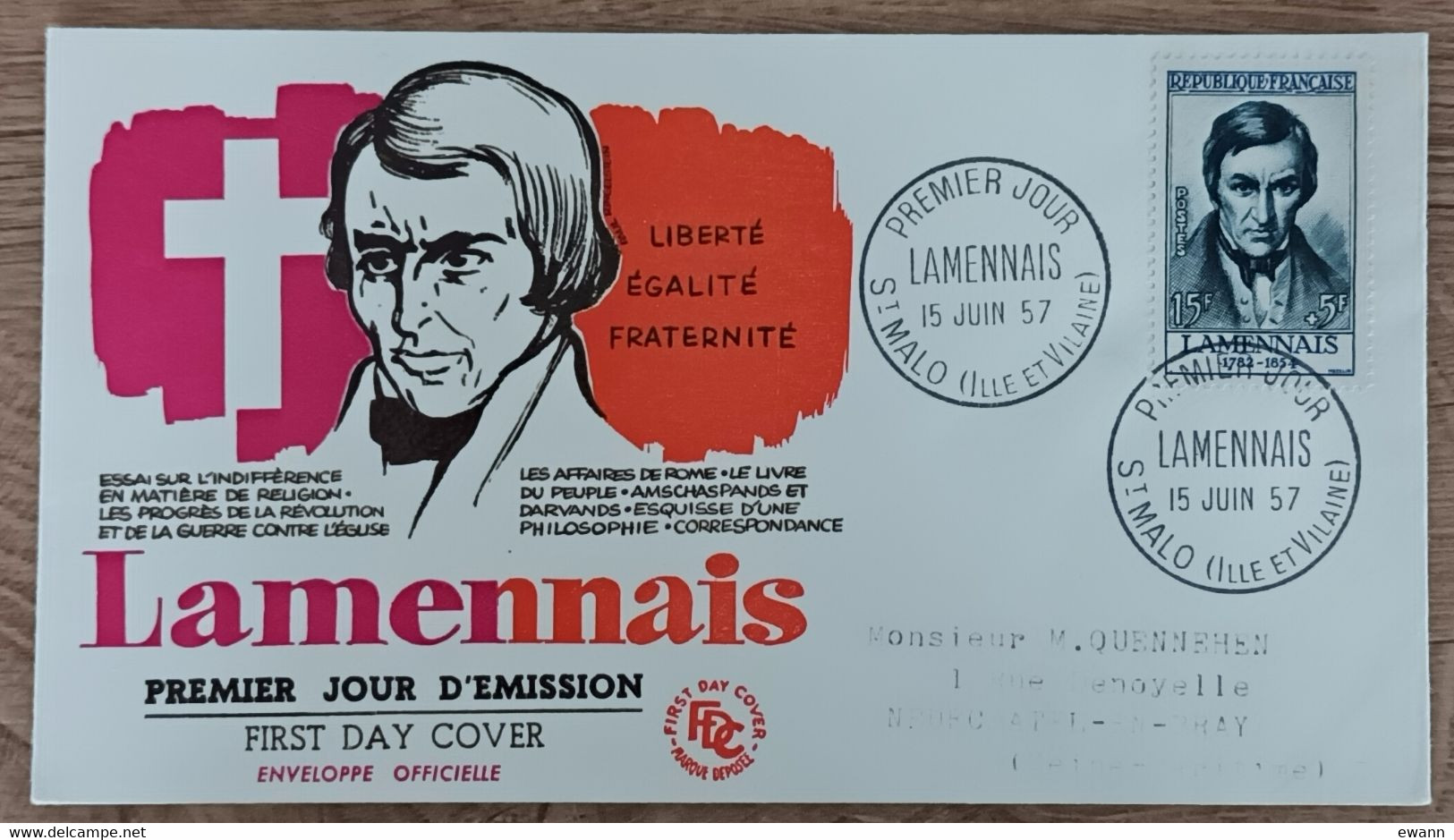 FDC 1957 - YT N°1111 - FELICITE ROBERT DE LAMENNAIS - ST MALO - 1950-1959