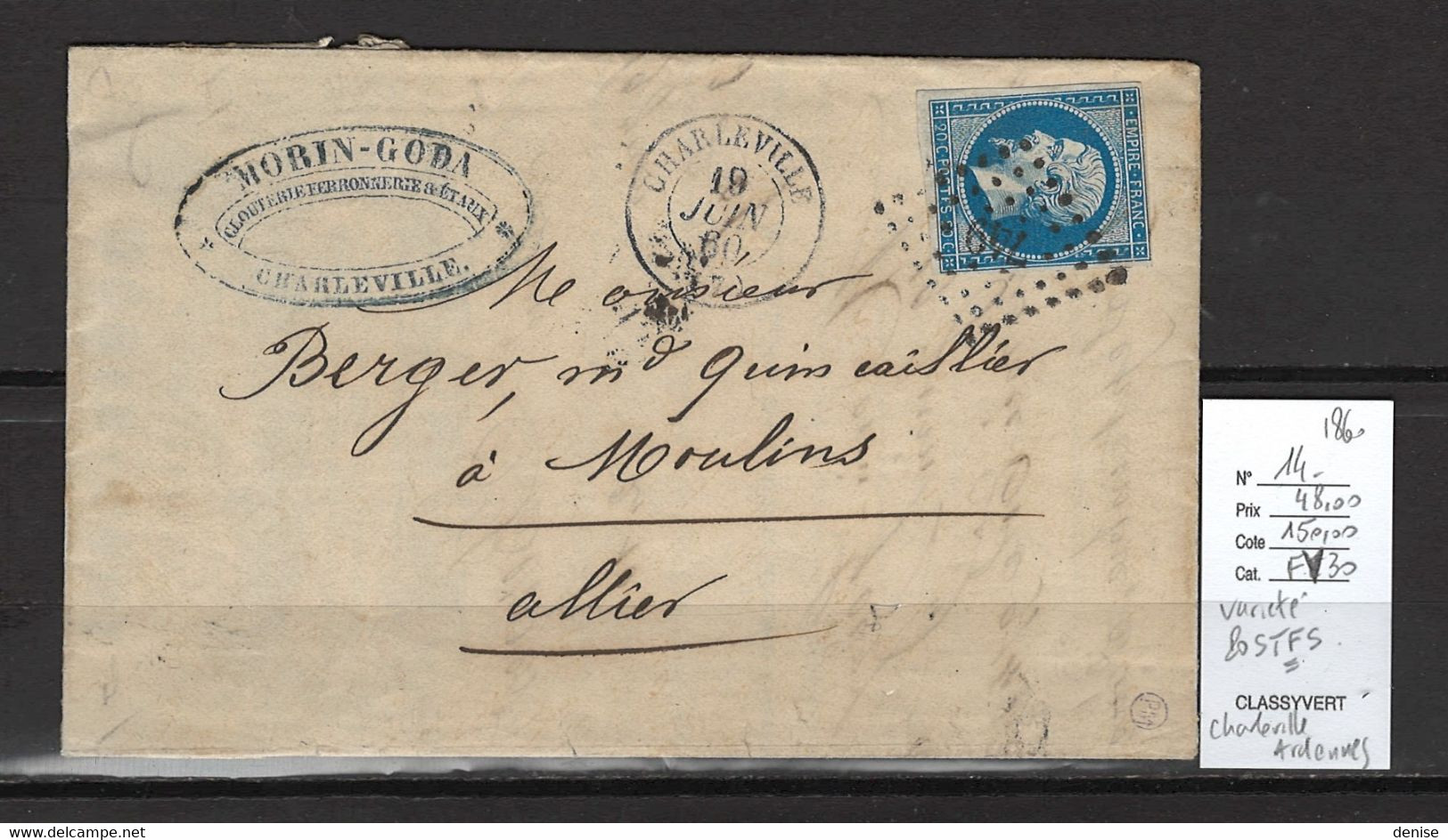 France - Lettre Yvert 14 H-  VARIETE POSTFS - Charleville - Ardennes  - 1860 - 1849-1876: Periodo Classico