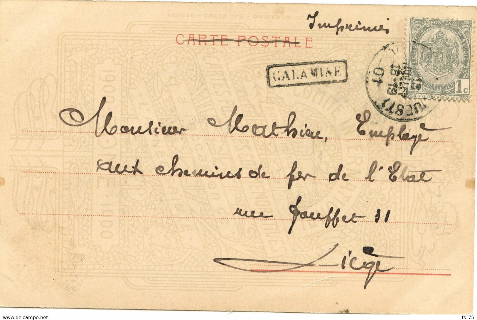 BELGIQUE - COB 53 SIMPLE CERCLE VERVIERS (OUEST) + CALAMINE SUR CARTE POSTALE, 1901 - Bahnpoststempel