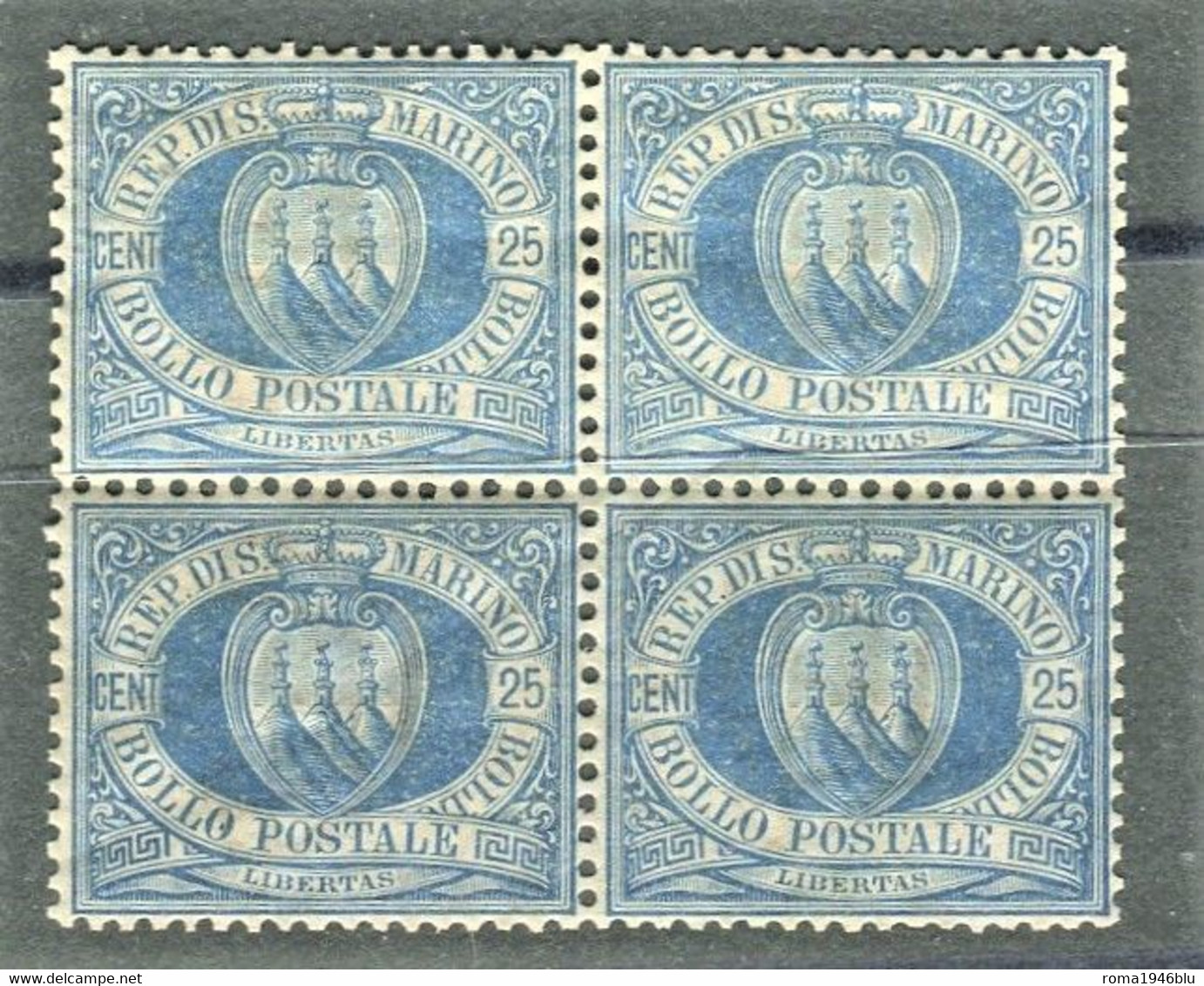 SAN MARINO 1894 CIFRA 25 C. QUARTINA ** MNH CENTRATA - Unused Stamps