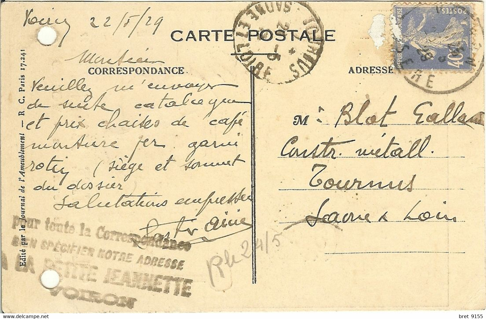 38 VOIRON 6 RUE SERMORENS LES MEUBLES DE LA PETITE JEANNETTE CORRESPONDANCE A BLOT GALLAND A TOURNUS - Voiron