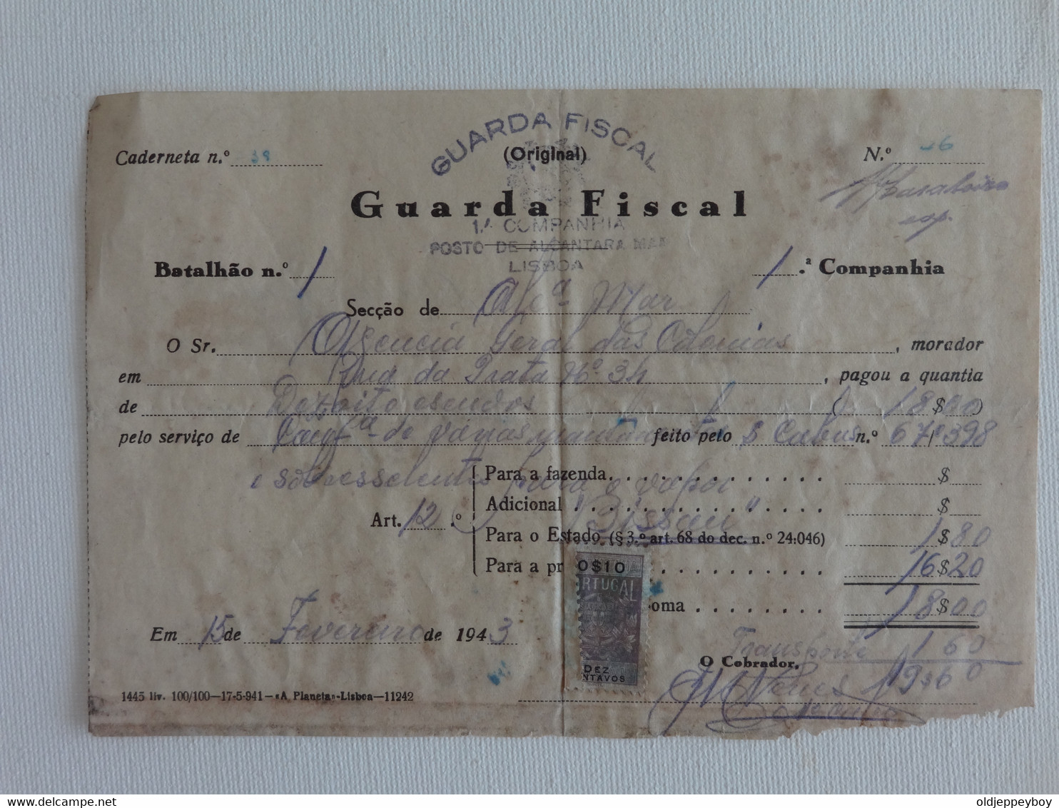 1943 Portugal  Guarda Fiscal 1 Companhia Posto De Alcantara Lisboa Multa Fine With Tax Stamp - Sin Clasificación
