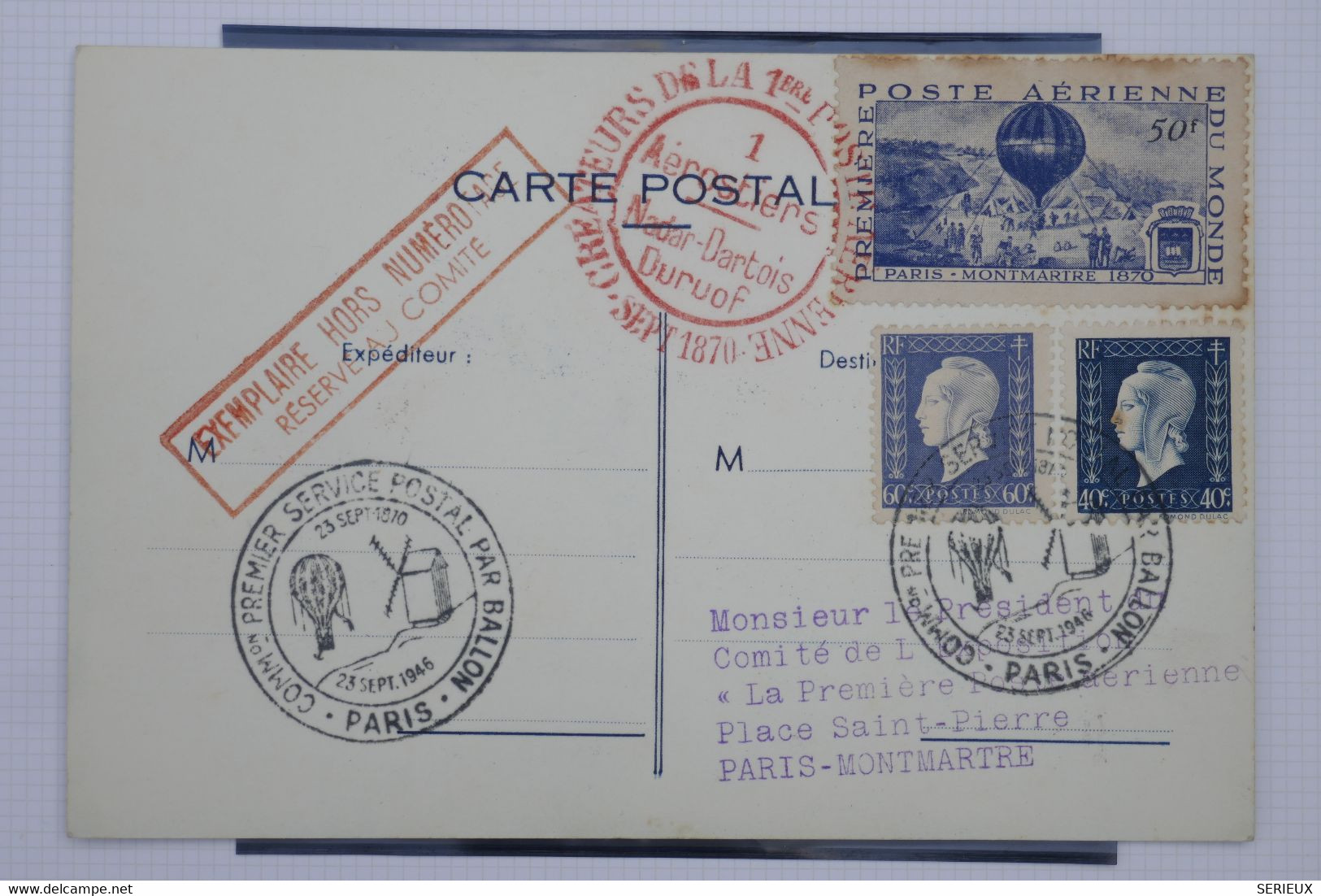 C1 FRANCE  BELLE CARTE     1946 EXEMPLAIRE HORS NUMERO  +NADAR BALLON +AEROPHILATELIE +AFFRANC. PLAISANT - 1960-.... Cartas & Documentos