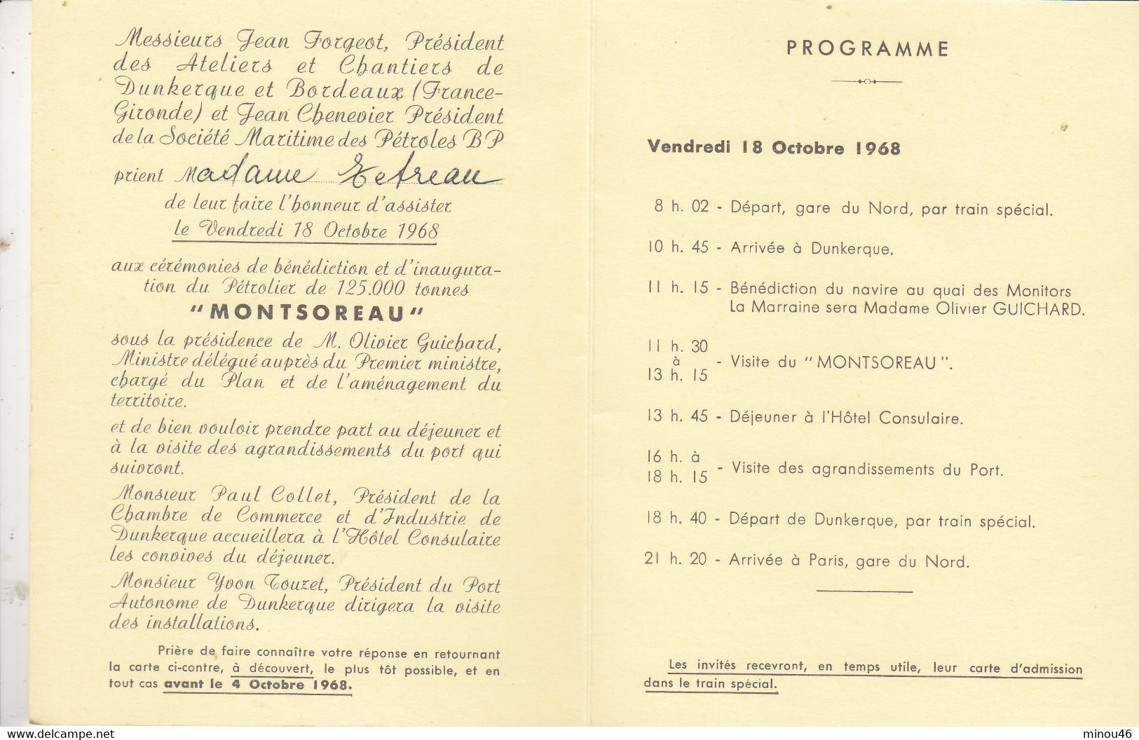 PROGRAMME ET FICHE TECHNIQUE DU LANCEMENT A DUNKERQUE DU PETROLIER DE LA B.P. " MONTSOREAU " LE 18/10/1968.PARFAIT - Programma's