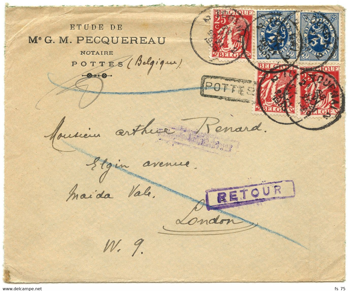 BELGIQUE - COB 285X2+339X3 SIMPLE CERCLE TOURNAI + POTTES SUR LETTRE POUR LONDRES, 1935 - Ambulantes