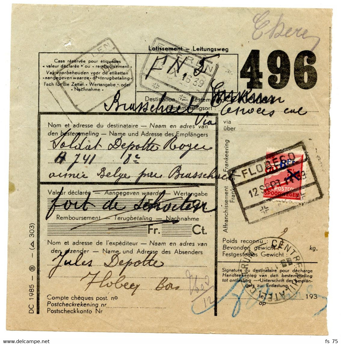 BELGIQUE - COB TR 210 DEMI-TIMBRE RECTANGLE FLOBECQ SUR BULLETIN DE COLIS MILITAIRE, 1939 - Ambulante Stempels