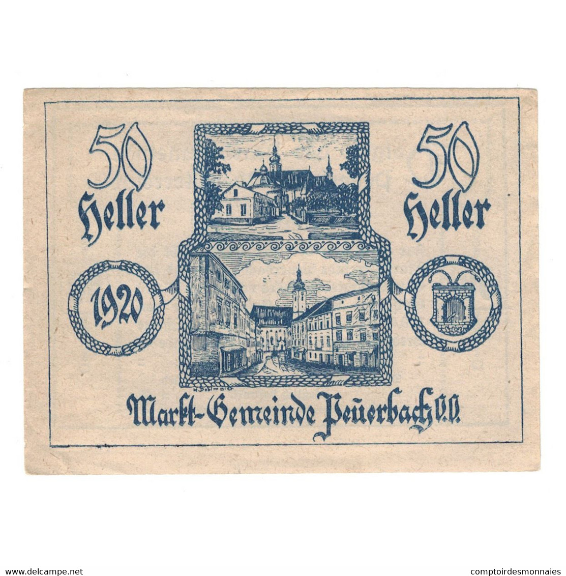 Billet, Autriche, Peuerbach O.Ö. Marktgemeinde, 50 Heller, Texte, 1920 - Austria