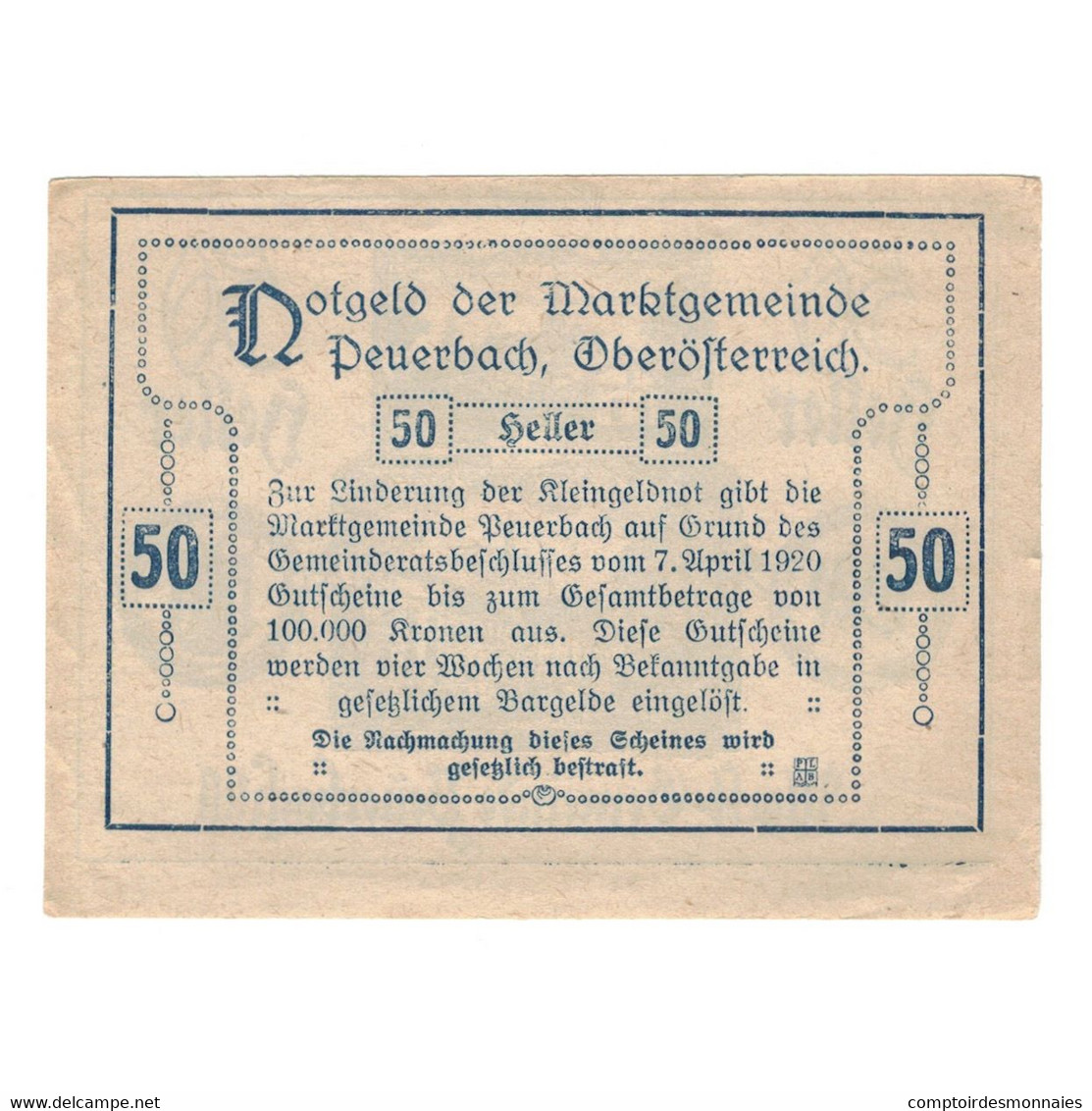 Billet, Autriche, Peuerbach O.Ö. Marktgemeinde, 50 Heller, Texte, 1920 - Austria