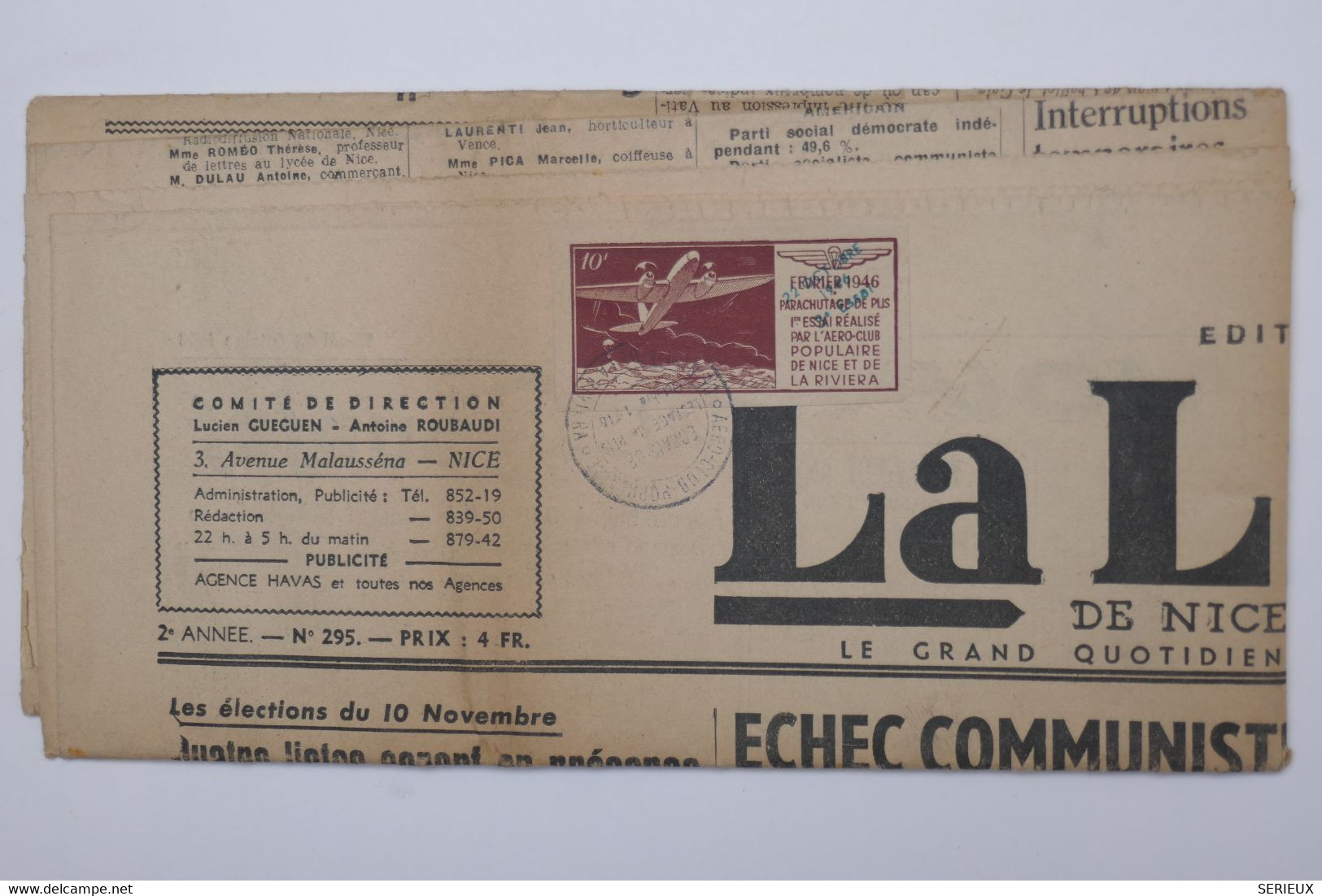 C1 FRANCE  RARE BELLE VIGNETTE  SUR JOURNAL LA LIBERTE 1946 NICE ESSAI  LESTAGE SUR  FAYENCE  VAR ++AEROPHILATELIE - Luchtvaart