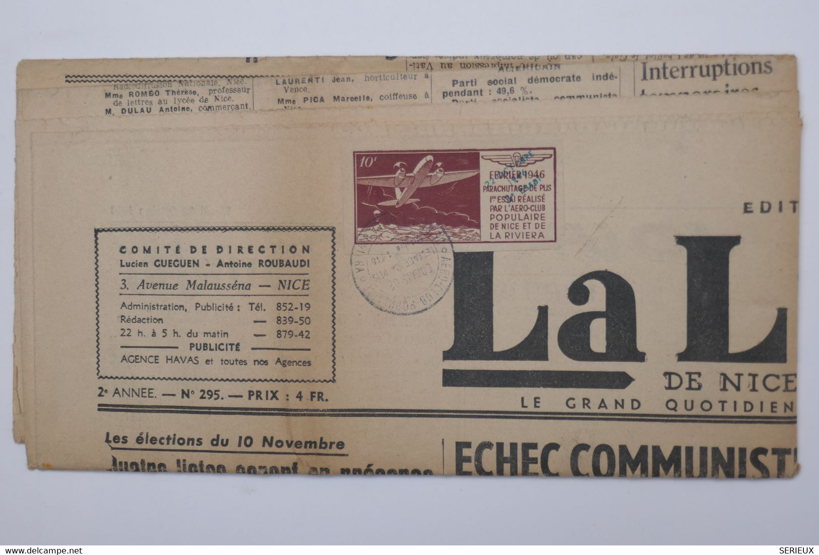 C1 FRANCE  RARE BELLE VIGNETTE  SUR JOURNAL LA LIBERTE 1946 NICE ESSAI  LESTAGE SUR  FAYENCE  VAR ++AEROPHILATELIE - Aviation