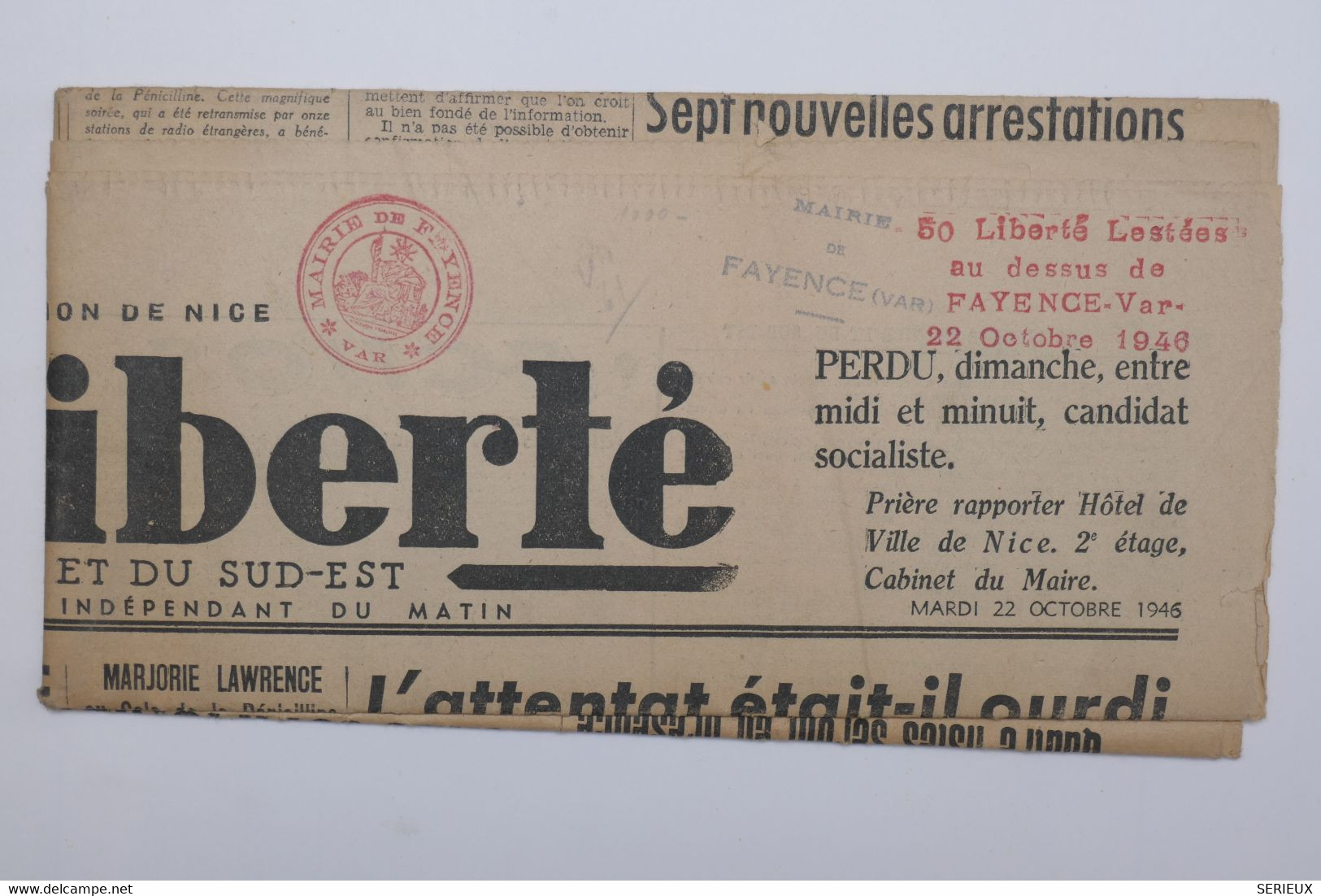 C1 FRANCE  RARE BELLE VIGNETTE  SUR JOURNAL LA LIBERTE 1946 NICE ESSAI  LESTAGE SUR  FAYENCE  VAR ++AEROPHILATELIE - Aviación