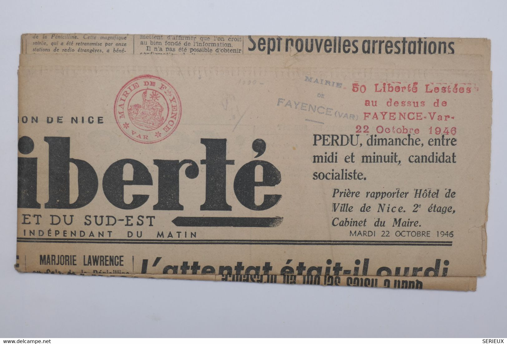 C1 FRANCE  RARE BELLE VIGNETTE  SUR JOURNAL LA LIBERTE 1946 NICE ESSAI  LESTAGE SUR  FAYENCE  VAR ++AEROPHILATELIE - Aviation