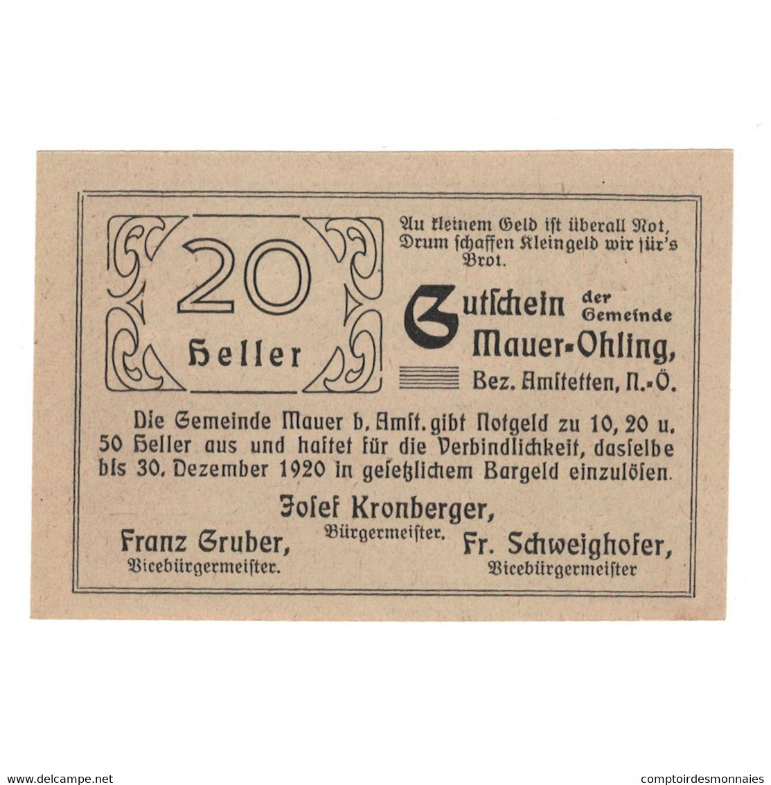 Billet, Autriche, Mauer - Öhling N.Ö. Gemeinde, 20 Heller, Texte 1, 1920 - Austria