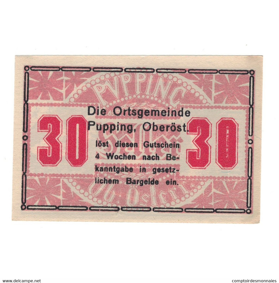 Billet, Autriche, Pupping O.Ö. Gemeinde, 30 Heller, Batiment 1, SUP, Mehl:FS - Austria