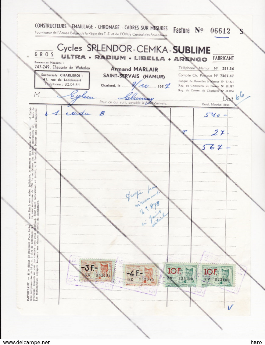 Facture - Cycles SPLENDOR, CEMKA, SUBLIME,... à SAINT - SERVAIS / Namur  En  1957 - Vélo,... (B305) - 1950 - ...