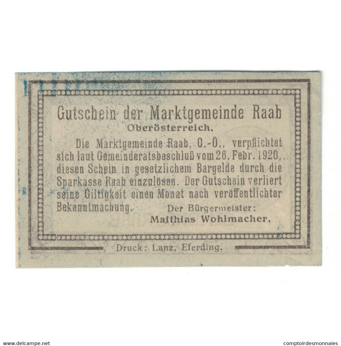 Billet, Autriche, Raab O.Ö. Marktgemeinde, 10 Heller, Texte, 1920, 1920-02-26 - Austria