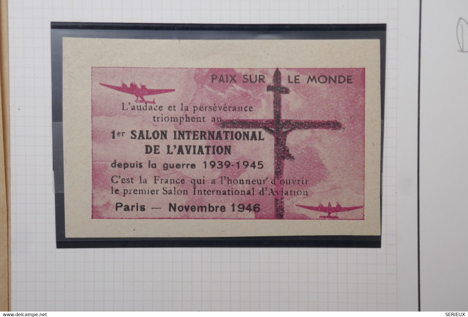 C1 FRANCE  BELLE VIGNETTE RARE 1946 1ER SALON  INTERN. PARIS  " LA PAIX SUR LE MONDE " +AEROPHILATELIE +NEUF C - Aviación