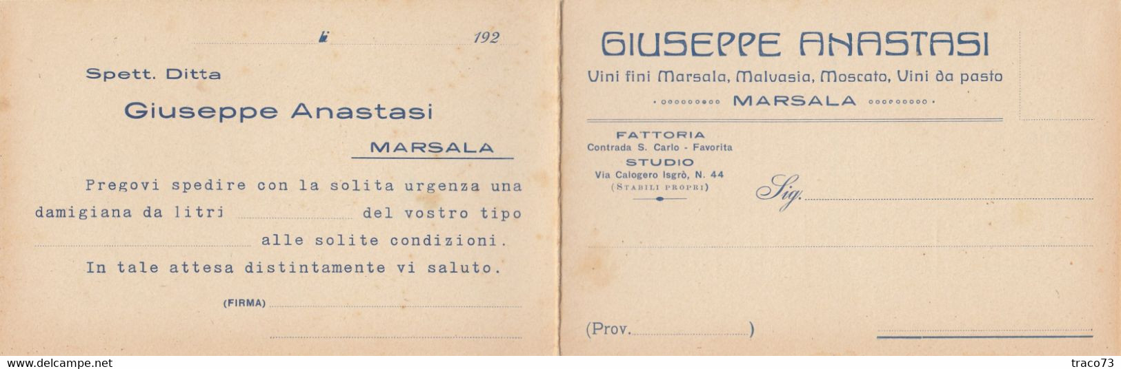 MARSALA /  Cartolina Pubblicitaria Pieghevole Fattoria "GIUSEPPE ANASTASI" - Marsala