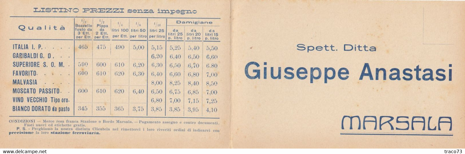 MARSALA /  Cartolina Pubblicitaria Pieghevole Fattoria "GIUSEPPE ANASTASI" - Marsala