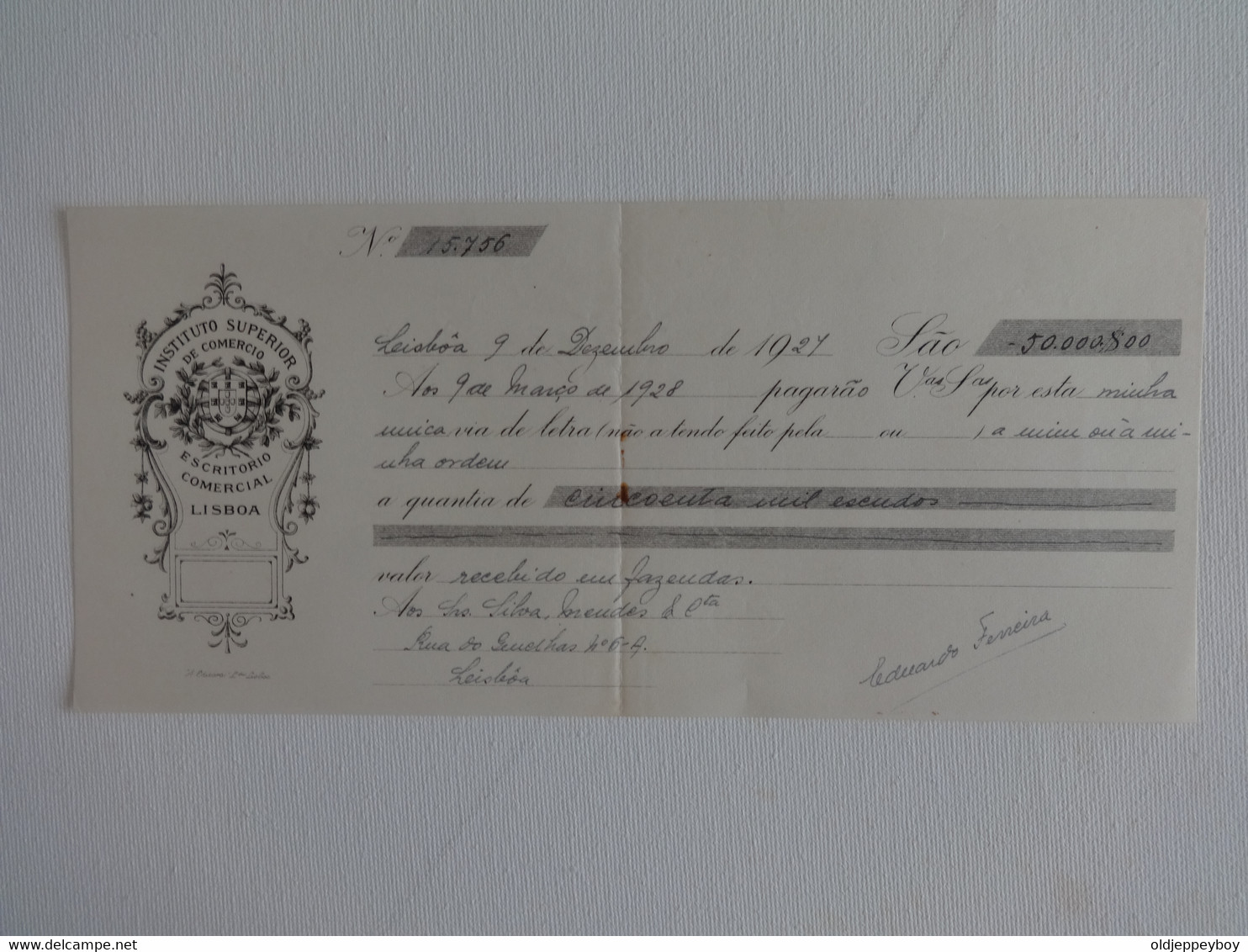 1927 Portugal  Cheque Instituto Superior De Comercio  Escritorio Comercial Lisboa - Chèques & Chèques De Voyage