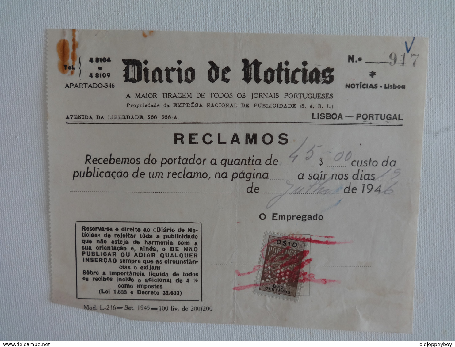 1946 Portugal "Diario De Noticias" Recibo Receipt With Tax Stamp - Portogallo