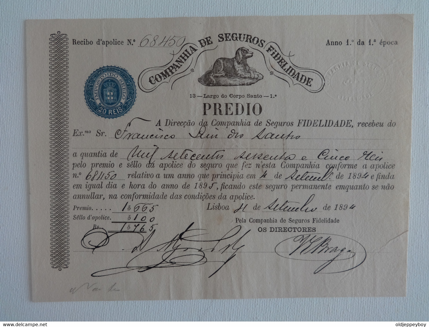 1894 Portugal "Companhia De Seguros Fidelidade" Recibo Receipt Very Good Condition Rare - Portugal