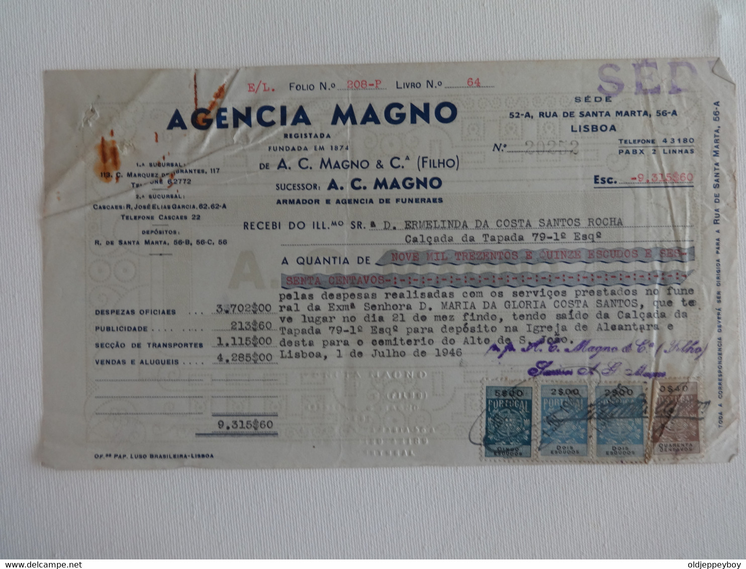 1946 Portugal  "Agencia Magno " Amador E Agencia De Funeraes"  Recibo Receipt With Tax Stamps - Portogallo