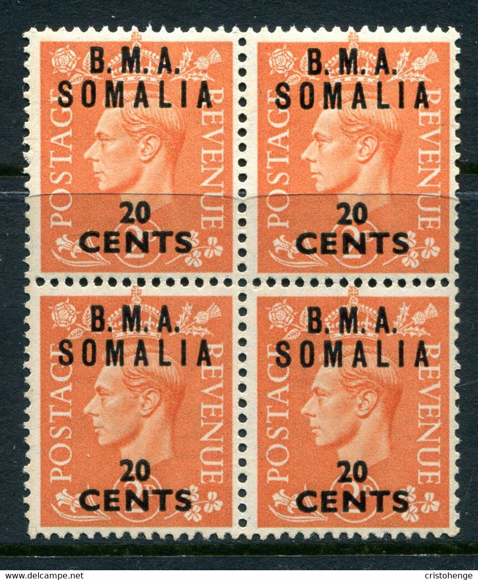 British Occ. Italian Colonies - Somalia - 1948 B.M.A. - 20c On 2d Pale Orange Block Of 4 LHM (SG S12) - Somalia