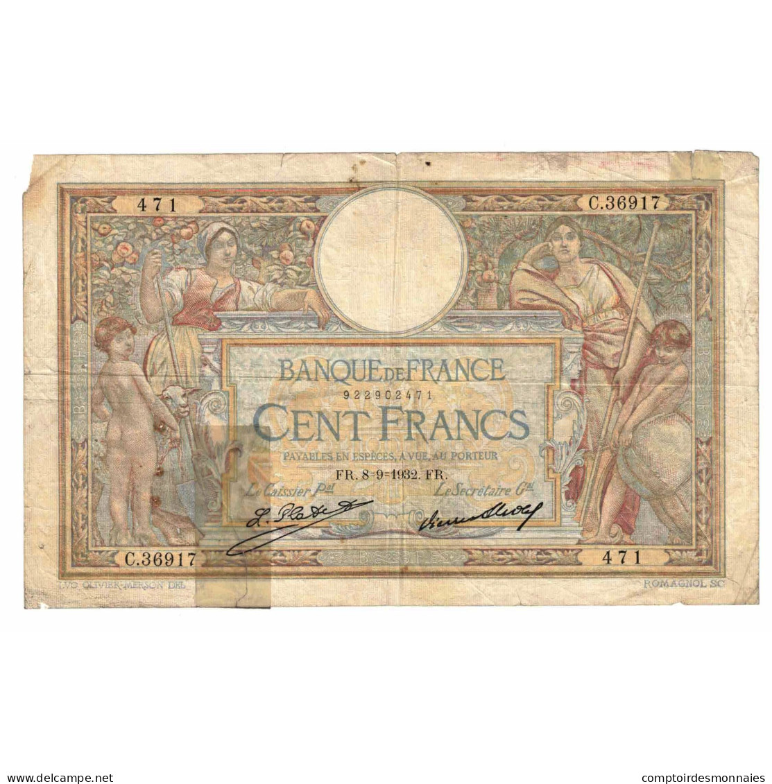 France, 100 Francs, Luc Olivier Merson, 1932, C.36917, AB, Fayette:24.11, KM:78b - 50 F 1927-1934 ''Luc Olivier Merson''