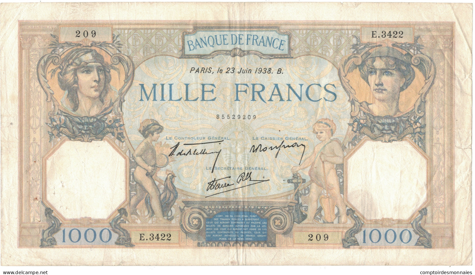 France, 1000 Francs, Cérès Et Mercure, 1938, E3422 209, TTB, Fayette:38.20 - 1 000 F 1927-1940 ''Cérès Et Mercure''