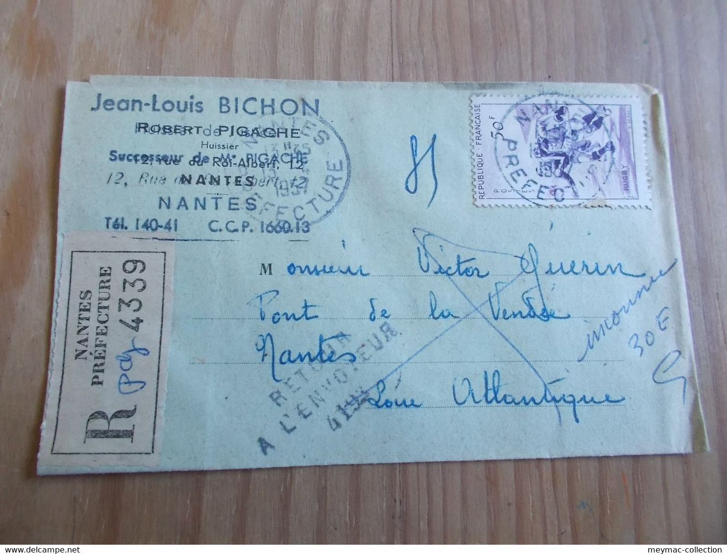 RUGBY 1074 1096 LR LETTRE RECOMMANDE NANTES 1957 RETOUR A L'ENVOYEUR 4193 Cachet Préfecture Sans Département - Tariffe Postali