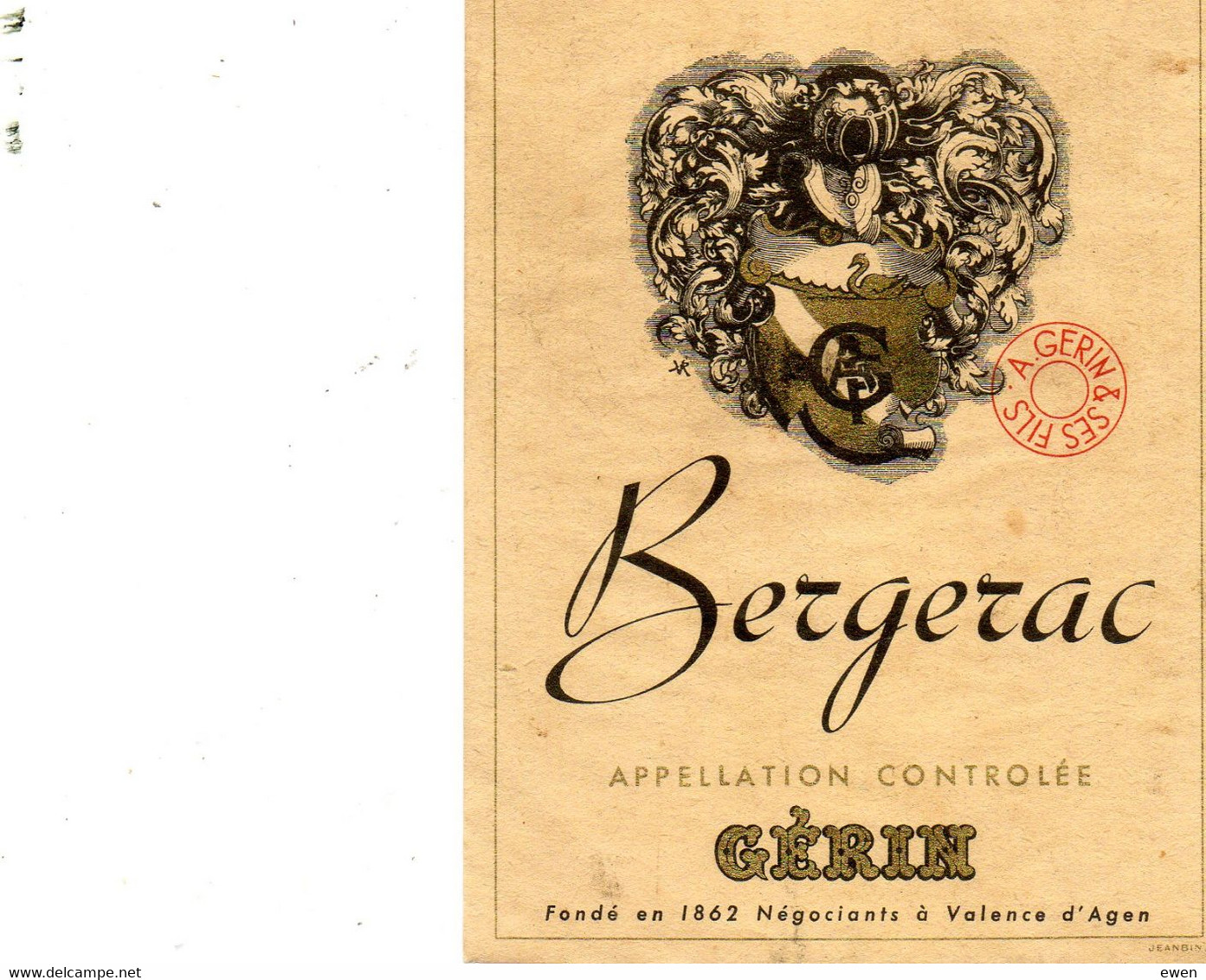 Etiquette Vin Bergerac Gérin Et Fils, Valence D'Agen. (Années 50) - Bergerac