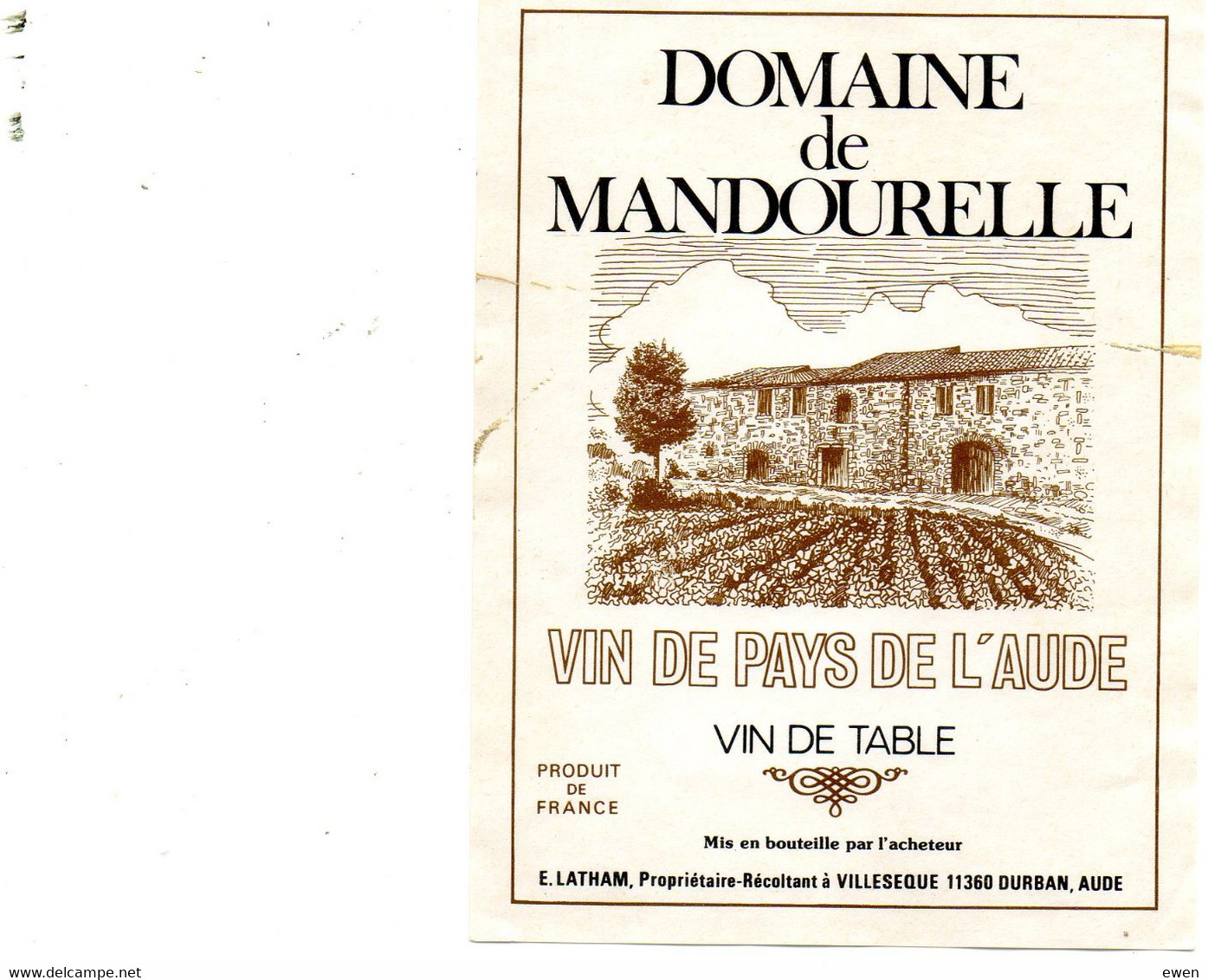 Etiquette Vin Pays De L'Aude. Domaine De Mandourelle à Villesque. (Années 70) - Other & Unclassified