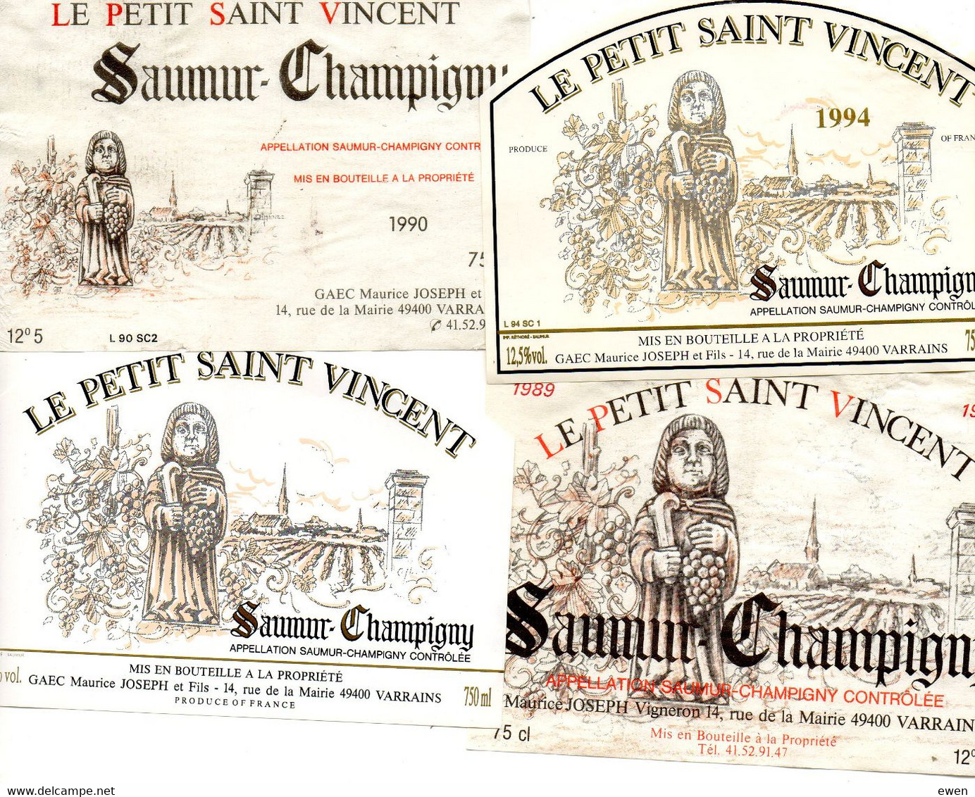 4 Etiquettes Vin Saumur-Champigny Années 80-90. Cave Joseph à Varrains (49) Le Petit Saint-Vincent. - Andere & Zonder Classificatie