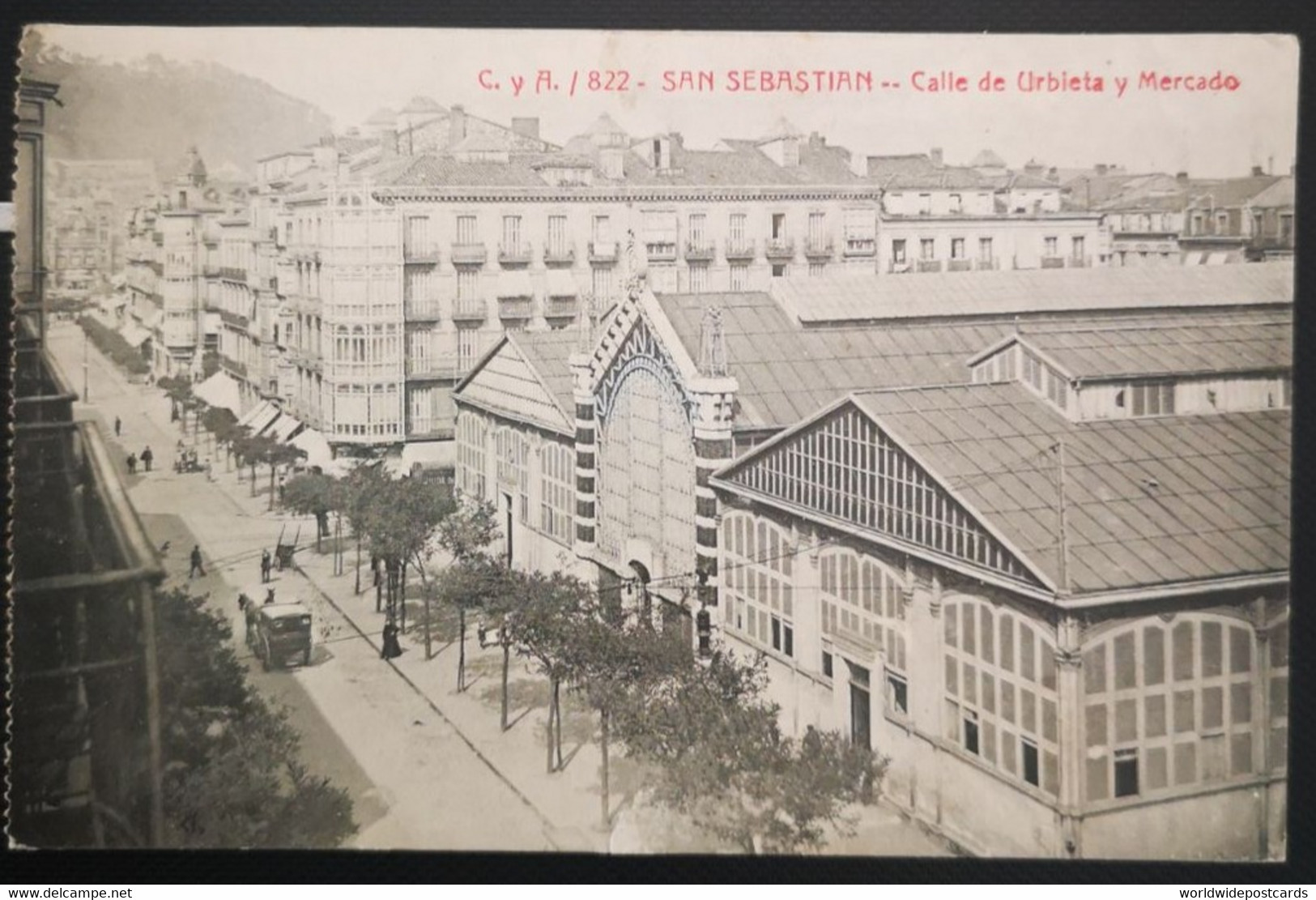 A423 PAIS VASCO - SAN SEBASTIAN - CALLE DE URBIETA Y MERCADO VIAJADA 1914 FOTOTIPIA CASTAÑEIRA Y ALVAREZ - Guipúzcoa (San Sebastián)