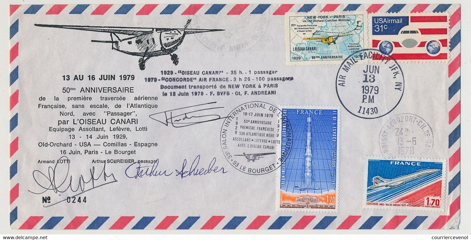 USA - FRANCE - 50eme Anniv Traversée Atlantique Nord OISEAU CANARI (Assolant...) Pli Par CONCORDE 13/6/1979 VIGNETTE - Concorde