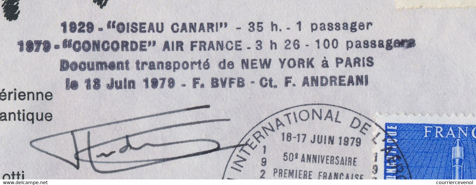 USA - FRANCE - 50eme Anniv Traversée Atlantique Nord OISEAU CANARI (Assolant...) Pli Par CONCORDE 13/6/1979 VIGNETTE - Concorde